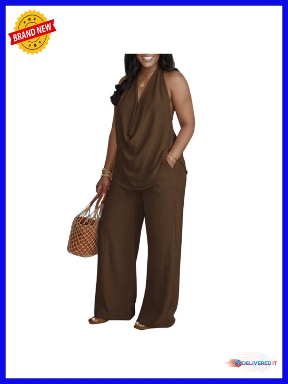 Cow Neck Backless Halter Top Wide Leg Pants 2 Piece Set